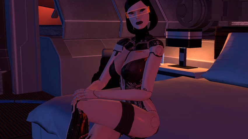 1girls 3d android bed breasts crossed_legs delssfm edi looking_at_viewer mass_effect orange-tinted_eyewear robot robot_girl sitting sitting_on_bed solo source_filmmaker tinted_eyewear visor