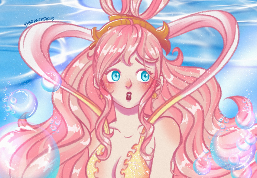 bad_id bad_twitter_id bikini blue_eyes blush brancasyard bubble earrings female fish_hair_ornament hagoromo hair_ornament half_updo highres jewelry long_hair looking_to_the_side one_piece pink_hair red_lips shawl shell shell_earrings shirahoshi sidelocks solo swimsuit twintails underwater upper_body yellow_bikini