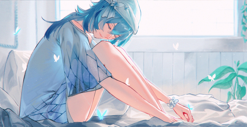 absurdres bare_legs barefoot blue_hair bug butterfly closed_eyes closed_mouth colored_eyelashes female highres indoors legs long_hair lufi_ays on_bed scrunchie shorekeeper_(wuthering_waves) sitting solo white_butterfly wrist_scrunchie wuthering_waves