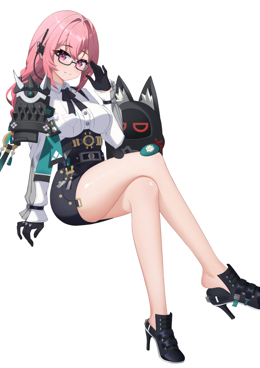 absurdres armor bangboo_(zenless_zone_zero) black_footwear black_gloves black_skirt breasts closed_mouth commentary crossed_legs dress_shirt female full_body glasses gloves hair_between_eyes high-waist_skirt high_heels highres hoshimi_miyabi hoshimi_miyabi_bangboo kurosti large_breasts light_blush pencil_skirt pink_eyes pink_hair shirt shoulder_armor sidelocks simple_background sitting skirt smile thighs tsukishiro_yanagi white_background white_shirt zenless_zone_zero