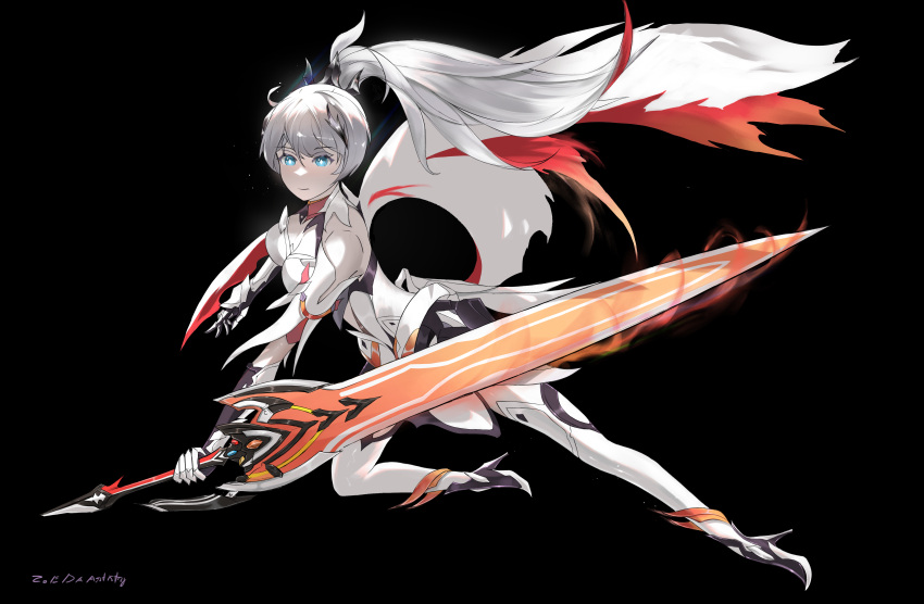 absurdres bare_shoulders black_background blue_eyes cape female fire high_heels highres holding holding_sword holding_weapon honkai_(series) honkai_impact_3rd kiana_kaslana kiana_kaslana_(herrscher_of_flamescion) long_hair ponytail signature sword thighhighs weapon white_hair zoedaartistry