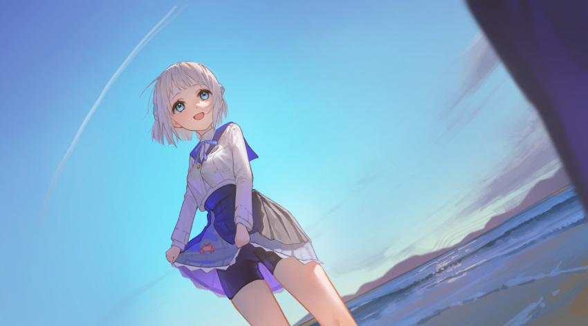 absurdres beach bike_shorts bike_shorts_under_skirt black_overskirt blue_eyes blue_skirt contrail female gakuen_idolmaster grey_hair hatsuboshi_gakuen_school_uniform highres idolmaster jacket katsuragi_lilja looking_to_the_side outdoors pleated_skirt pulmo_(artist) school_uniform short_hair skirt smile solo white_jacket