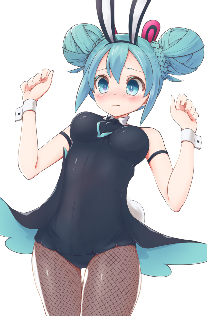 animal_ears aqua_eyes aqua_hair bare_shoulders bicute_bunnies_miku bicute_bunnies_miku_(kuroboshi) black_leotard braid breasts bun_with_braided_base detached_collar double_bun fake_animal_ears female fishnet_pantyhose fishnet_thighhighs fishnets hair_bun hatsune_miku highres leotard necktie pantyhose playboy_bunny rabbit_ears rabbit_tail seseragi solo tail thighhighs vocaloid wrist_cuffs