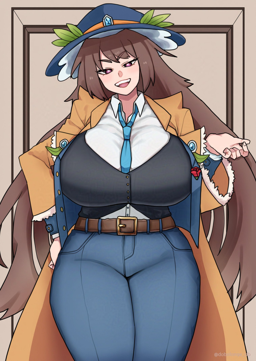 belt breasts brown_coat coat dobonge female gangster gensokyo_odyssey highres huge_breasts kakkoi_elbertson loose_necktie mafia necktie purple_eyes solo tagme thick_thighs thighs touhou wide_hips