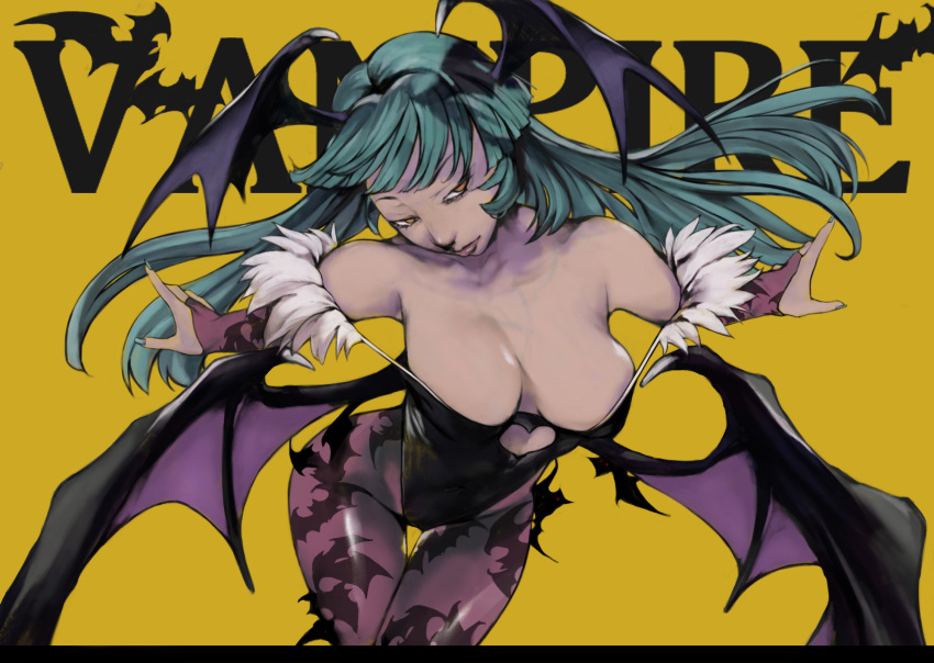 animal_print bat_print breasts clothing_cutout darkstalkers english_commentary female fur-trimmed_leotard fur_trim green_hair head_wings heart_cutout highres large_breasts long_hair morrigan_aensland nyami pantyhose print_pantyhose purple_pantyhose purple_wings simple_background solo wings yellow_background