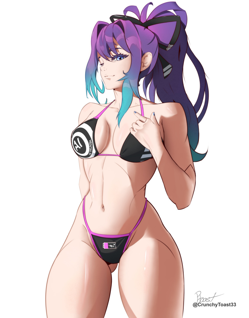 absurdres android anus arm_behind_back bikini black_bikini blue_eyes blue_hair commentary cowboy_shot crunchytoast33 english_commentary female hair_ornament hair_ribbon highres long_hair melody_(projektmelody) one_eye_closed ponytail profile purple_hair ribbon signature smile solo swimsuit thick_thighs thighs twitter_username vshojo