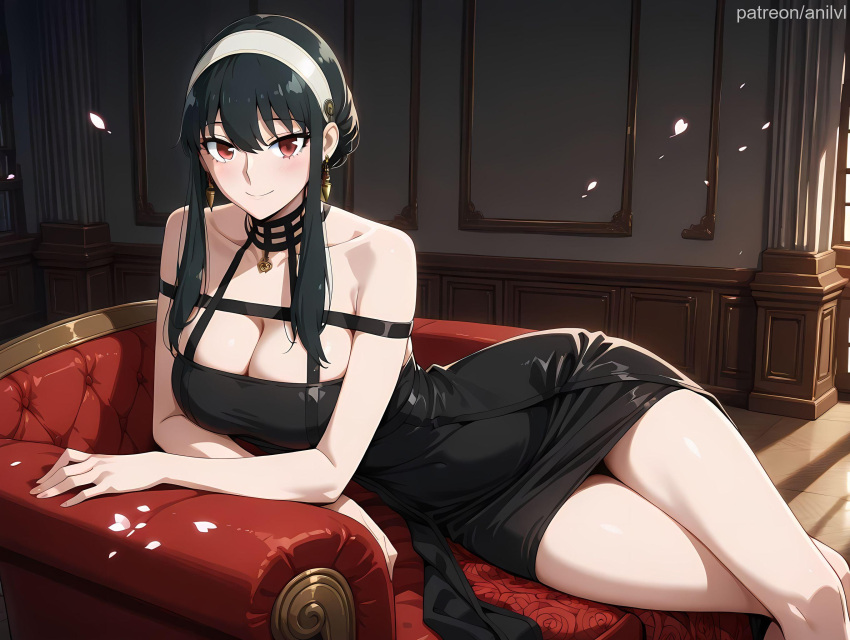 1girls ai_generated anilvl bangs bare_legs bare_shoulders black_dress black_hair blush breasts choker cleavage closed_mouth collarbone couch covered_navel crossed_legs curtains dress earrings falling_petals feet_out_of_frame gold_earrings gold_hairband hairband indoors jewelry large_breasts long_hair looking_at_viewer lying off-shoulder_dress off_shoulder on_couch on_side petals red_eyes rose_petals short_hair_with_long_locks sidelocks sitting smile solo spikes spy_x_family taut_clothes taut_dress thighs white_hairband wide_hips window yor_briar yor_forger