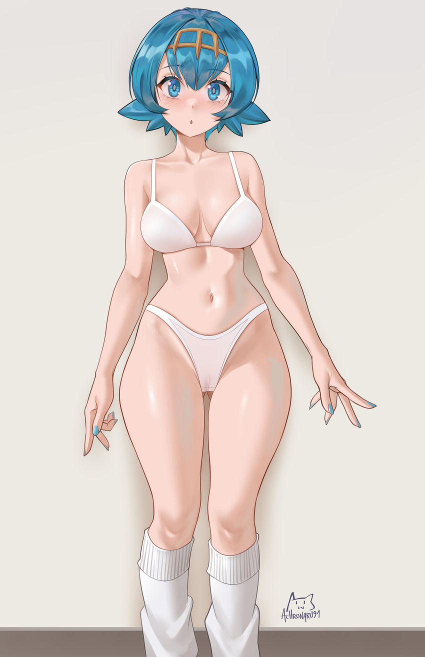 :o absurdres achromaru aged_up arms_at_sides ass_visible_through_thighs bare_arms bare_shoulders blue_eyes blue_hair blue_nails blush bra breasts feet_out_of_frame female fingernails hair_between_eyes hairband highleg highleg_panties highres lana_(pokemon) long_fingernails looking_at_viewer loose_socks medium_breasts nail_polish navel panties parted_lips pokemon pokemon_sm short_hair socks standing twitter_username underwear underwear_only white_bra white_panties white_socks yellow_hairband