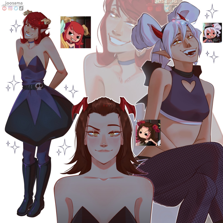 3girls black_dress bracelet brown_hair demon demon_girl demon_horns devil_(devilish_hairdresser) devilish_hairdresser dress drill_hair greyscale highres horns jewelry joosama long_hair looking_at_viewer monochrome multiple_girls multiple_persona red_hair skull_ornament smile twin_drills