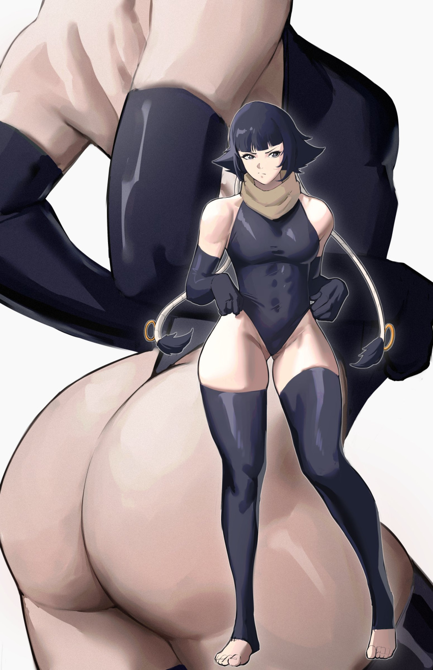 absurdres ass back bare_shoulders black_hair bleach feet female gloves highres simple_background solo standing sui-feng thighs toes zukululuu