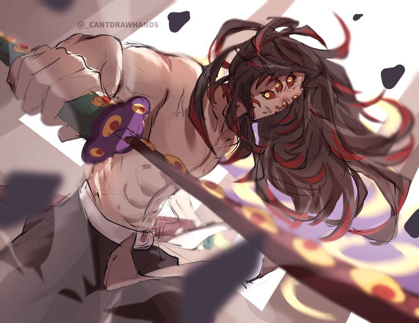 1boy black_pants brown_hair cantdrawhands colored_sclera extra_eyes floating_hair highres holding holding_sword holding_weapon katana kimetsu_no_yaiba kokushibou long_hair looking_at_viewer male_focus multicolored_hair outstretched_arm pants parted_lips red_hair red_sclera solo streaked_hair sword topless_male twitter_username weapon yellow_eyes