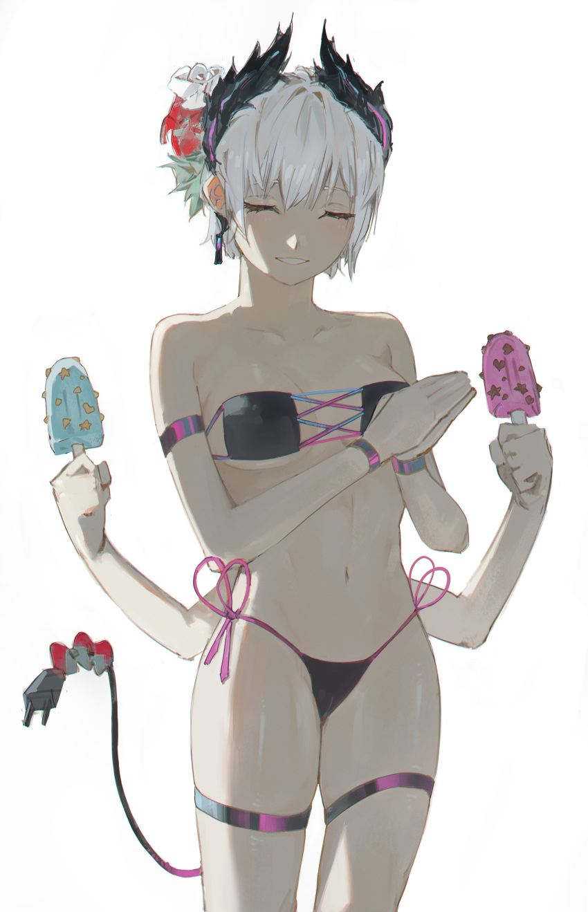 absurdres arknights bikini breasts closed_eyes cowboy_shot electric_plug electric_plug_tail extra_arms eyepatch_bikini female flower food hair_flower hair_ornament highres holding holding_food holding_popsicle medium_breasts monmon_(sleepymonmon) own_hands_together popsicle raidian_(arknights) short_hair side-tie_bikini_bottom smile solo standing swimsuit tail thigh_strap white_background white_hair