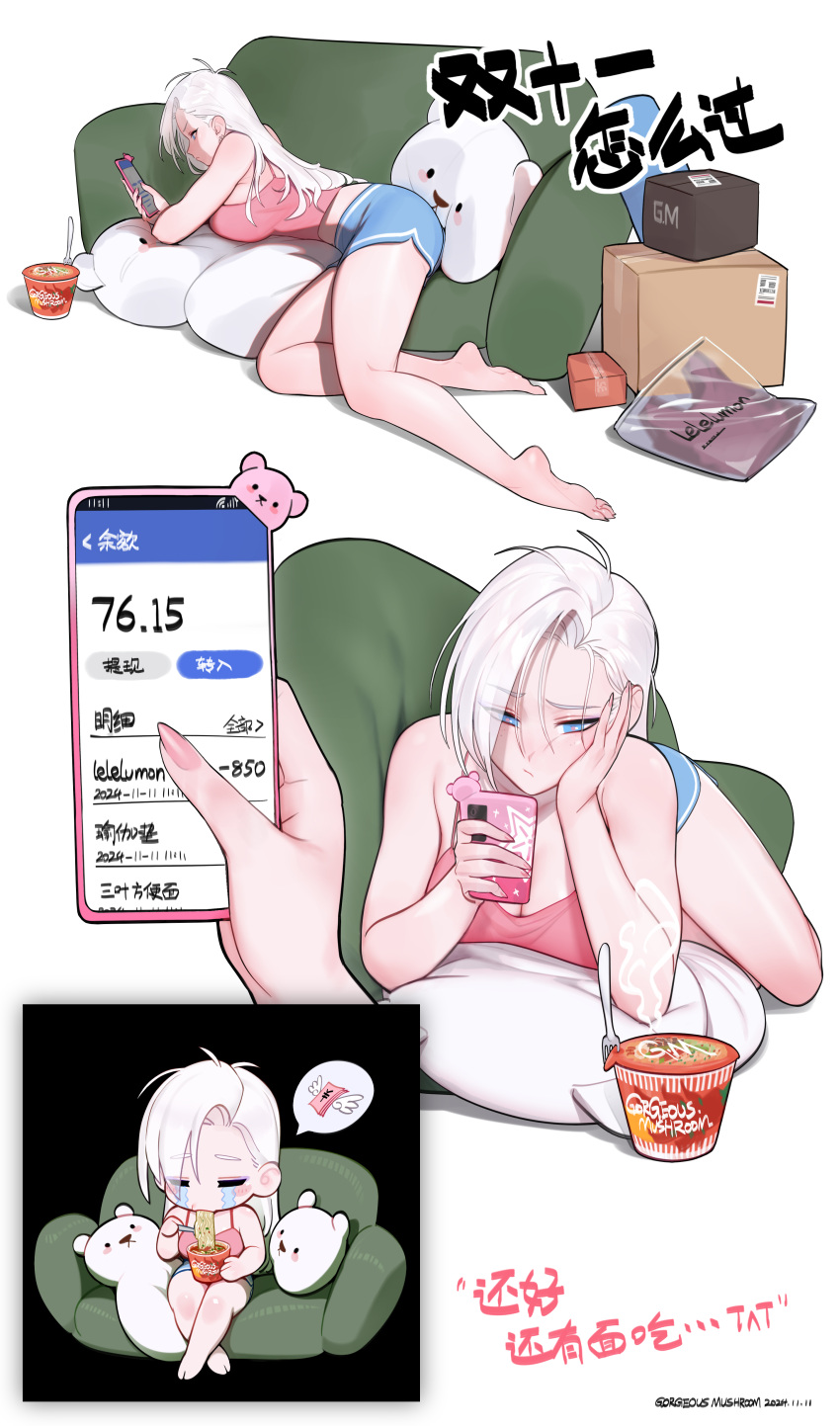 absurdres aibo_(gorgeous_mushroom) ass blue_eyes breasts cellphone cleavage closed_mouth crying earrings female freckles gorgeous_mushroom highres holding holding_phone huge_breasts indoors instant_ramen jewelry large_breasts long_hair looking_at_object looking_at_phone navel original phone piercing sitting smartphone solo streaming_tears tank_top tears white_hair