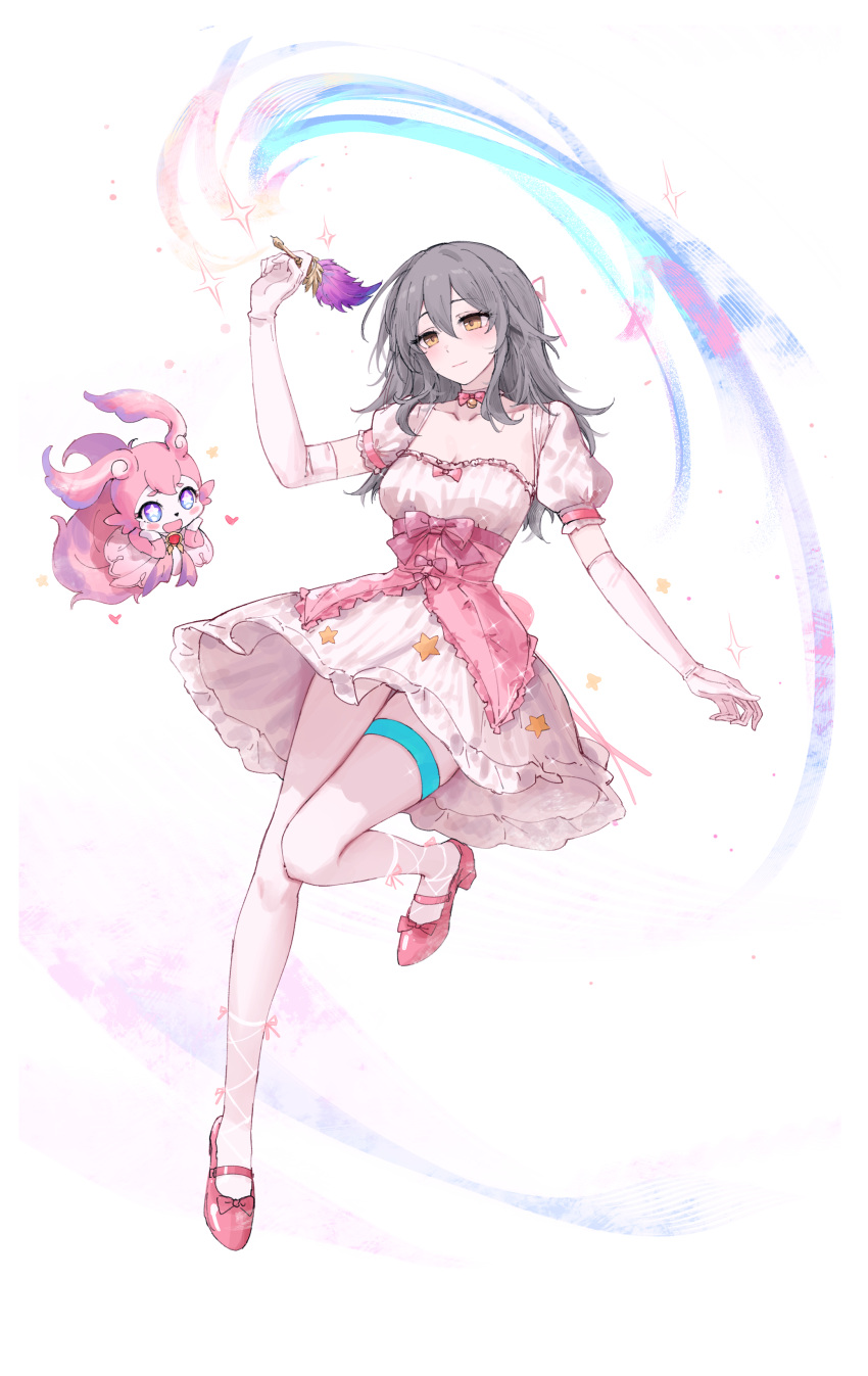 absurdres alternate_costume closed_mouth commentary dress elbow_gloves english_commentary feathers feint721 female gloves grey_hair hair_between_eyes hair_ribbon high_heels highres holding holding_feather honkai:_star_rail honkai_(series) light_blush long_hair magical_girl mem_(honkai:_star_rail) pink_footwear pink_ribbon ribbon simple_background smile solo stelle_(honkai:_star_rail) thigh_strap trailblazer_(honkai:_star_rail) white_background white_dress white_gloves yellow_eyes