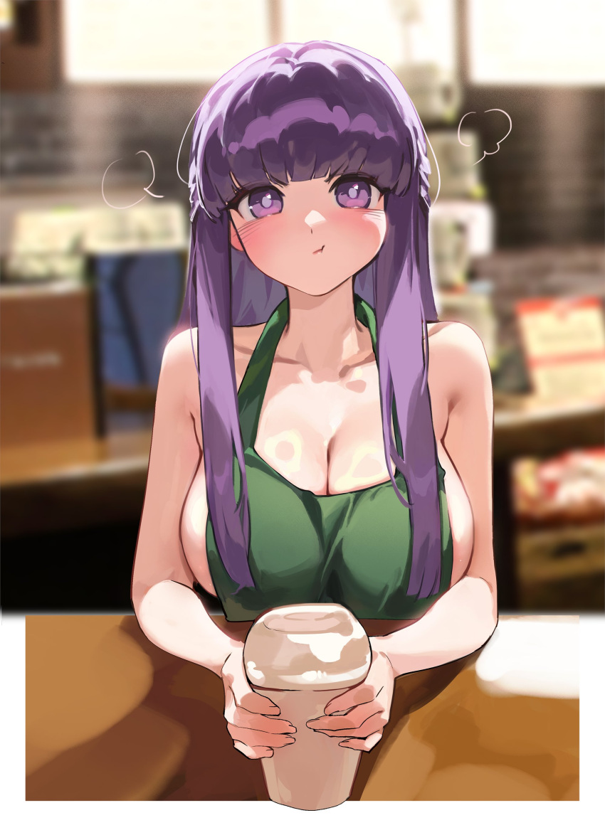 absurdres angry apron blurry blurry_background blush breasts cafe cleavage closed_mouth commentary cup disposable_coffee_cup disposable_cup female fern_(sousou_no_frieren) foolish_potato green_apron highres holding holding_cup indoors large_breasts long_hair looking_at_viewer pout puff_of_air purple_eyes purple_hair shiny_skin solo sousou_no_frieren symbol-only_commentary upper_body