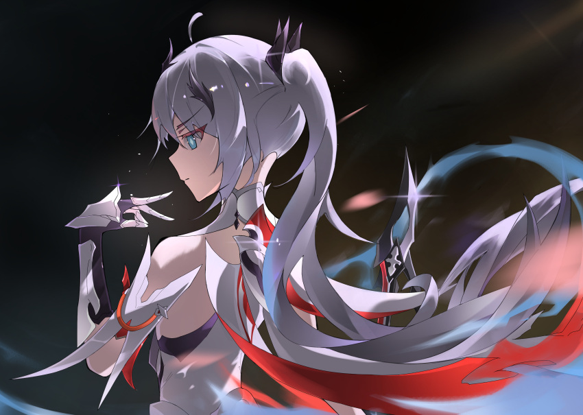 absurdres bare_shoulders blue_eyes cape female hair_ornament highres holding holding_sword holding_weapon honkai_(series) honkai_impact_3rd kiana_kaslana kiana_kaslana_(herrscher_of_flamescion) long_hair looking_to_the_side ponytail sword weapon white_hair zoedaartistry