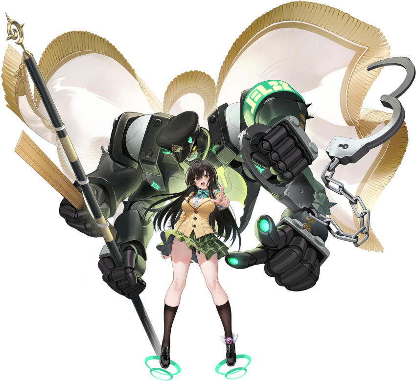 absurdres armband artist_request azur_lane black_hair black_socks bow bowtie breasts brown_eyes female green_armband green_bow green_bowtie green_skirt highres jacket kneehighs kotegawa_yui large_breasts long_hair long_sleeves looking_at_viewer non-web_source official_art open_mouth plaid_clothes plaid_skirt pleated_skirt pointing pointing_at_viewer rigging sainan_high_school_uniform school_uniform shirt skirt smile socks solo to_love-ru to_love-ru_darkness white_shirt yellow_jacket