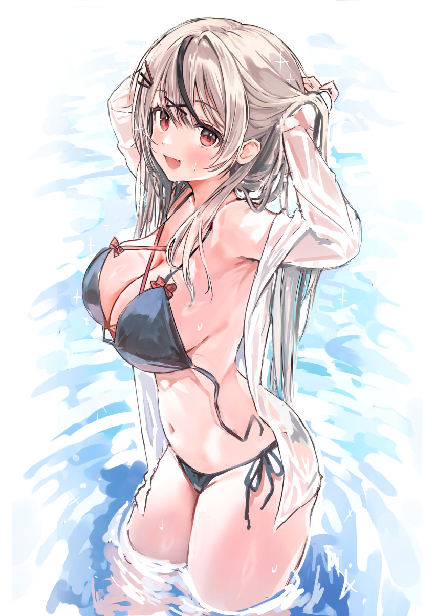 :d absurdres adjusting_hair arms_up bikini black_bikini black_hair blush breasts cleavage criss-cross_straps female grey_hair hair_ornament hairclip highres hololive imminent_wardrobe_malfunction large_breasts long_hair looking_at_viewer multicolored_hair navel nikuya_(nikuniku_nikuya) red_eyes sakamata_chloe side-tie_bikini_bottom smile solo streaked_hair string_bikini swimsuit two-tone_hair untied_bikini virtual_youtuber wading water x_hair_ornament