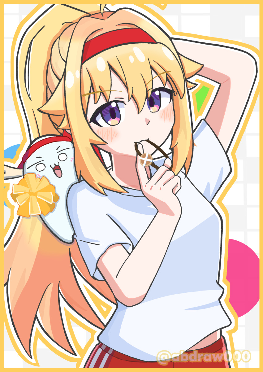 2girls abdraw absurdres adjusting_hair ahoge antlers arms_up blonde_hair blush breasts buruma cracker deer deer_antlers deer_cracker deer_girl food gym_shirt gym_shorts gym_uniform hair_flaps hair_lift hair_tie hair_tie_in_mouth hand_in_own_hair hands_in_hair headband highres holding holding_own_hair horns koshi_torako long_hair looking_at_viewer mouth_hold multiple_girls open_mouth pom_pom_(cheerleading) ponytail purple_eyes red_buruma shikanoko_noko shikanoko_nokonoko_koshitantan shirt short_sleeves shorts simple_background smile sportswear tying_hair white_shirt