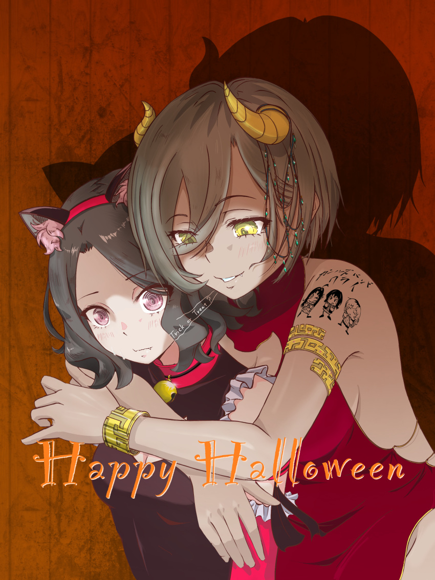 2girls absurdres animal_ear_hairband animal_ears bell black_hair bracelet breasts cat_ears cleavage_cutout clothing_cutout collar demon_horns dress ebizuka_tomo fake_animal_ears fake_horns girls_band_cry grey_hair hairband halloween happy_halloween highres horns hug hug_from_behind jewelry jingle_bell medium_breasts medium_hair multiple_girls poshi_nemiiyo purple_eyes red_background rupa_(girls_band_cry) shadow short_hair shoulder_tattoo sideboob smile tattoo yellow_eyes yuri