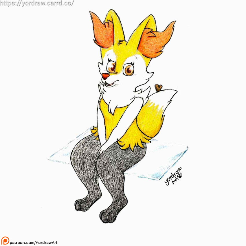 3_toes anthro bent_legs black_legs braixen feet female fur furry_ears generation_6_pokemon glass_table hand_on_belly hi_res looking_at_viewer nintendo open_mouth open_smile orange_eyes pokemon pokemon_(species) red_nose sitting smile smiling_at_viewer solo toes traditional_media_(artwork) wood yellow_body yellow_fur yordraw