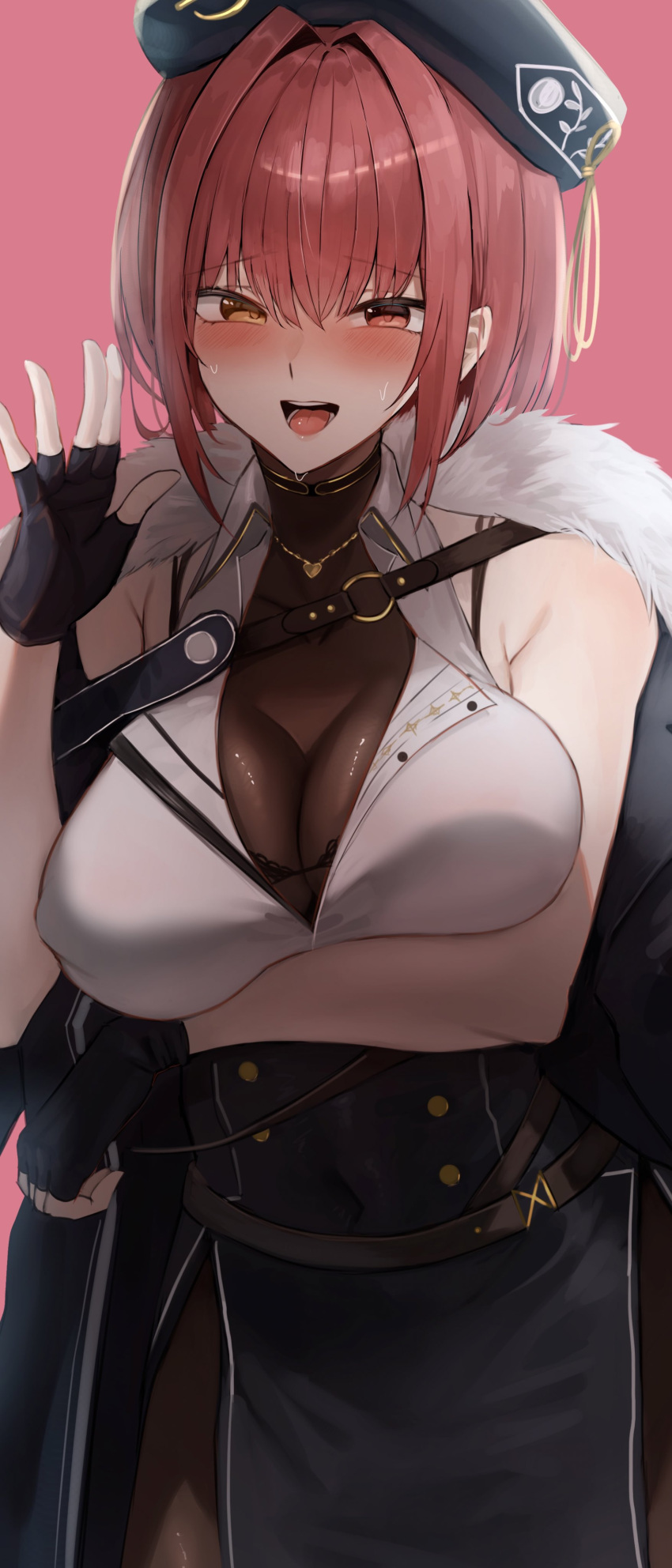 absurdres arm_under_breasts black_gloves black_pantyhose blush breasts coat coat_on_shoulders female fingerless_gloves gloves hana_hebi hat heterochromia highres hololive houshou_marine houshou_marine_(businesswoman) large_breasts looking_at_viewer open_mouth pantyhose red_background red_eyes red_hair shirt short_hair simple_background skirt sleeveless sleeveless_shirt virtual_youtuber yellow_eyes