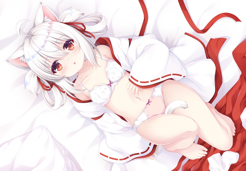 :o ahoge animal_ear_fluff animal_ears bare_legs barefoot bed_sheet between_legs bow bow_bra bow_panties bra breasts cat_ears cat_girl cat_tail collarbone female full_body hair_between_eyes hair_rings hakama hakama_removed hakama_skirt highres japanese_clothes kimono long_sleeves looking_at_viewer miko navel open_clothes open_kimono original panties parted_lips pink_panties red_eyes red_hakama ribbon-trimmed_sleeves ribbon_trim sakuraba_hikaru_(loveindog) skirt sleeves_past_wrists small_breasts socks solo tail tail_between_legs two_side_up underwear unworn_socks white_bra white_kimono white_socks wide_sleeves