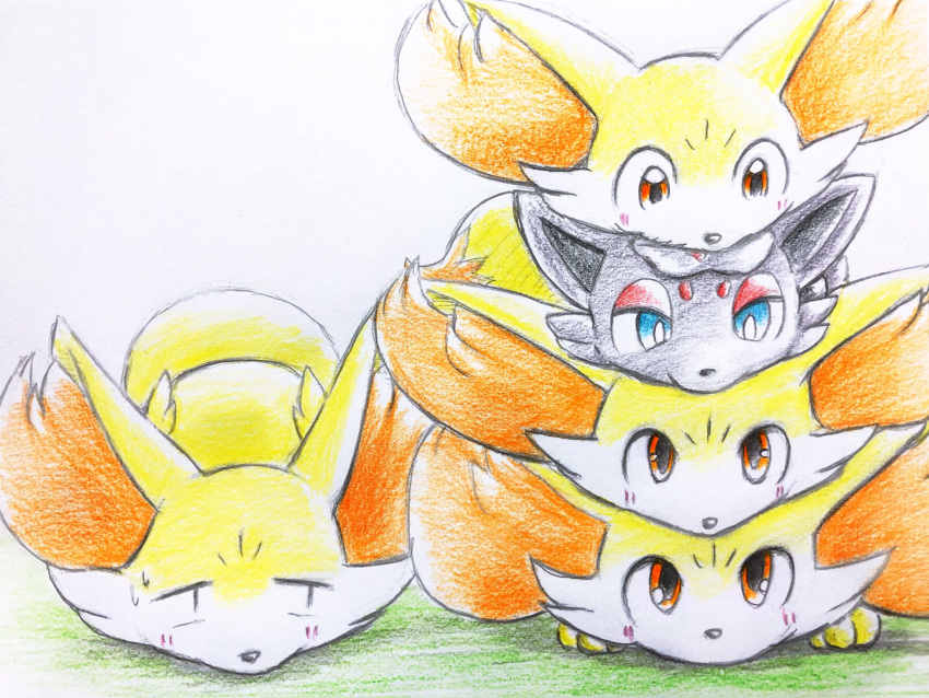 2023 ambiguous_gender blue_eyes blush blush_lines bodily_fluids canid canine eiroru fennekin feral fur generation_5_pokemon generation_6_pokemon graphite_(artwork) grey_body grey_fur group hi_res inner_ear_fluff mammal nintendo on_another orange_body orange_eyes orange_fur paws pokemon pokemon_(species) sweat tail traditional_media_(artwork) tuft yellow_body yellow_fur zorua