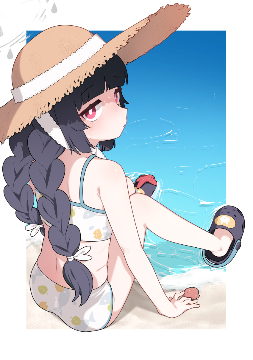 absurdres bare_arms bare_legs bare_shoulders beach bikini black_hair blue_archive blush braid crocs female futapi halo hat highres leaf_print long_hair looking_at_viewer looking_back miyu_(blue_archive) miyu_(swimsuit)_(blue_archive) official_alternate_costume print_bikini red_eyes sitting solo starfish straw_hat sun_hat swimsuit water white_bikini