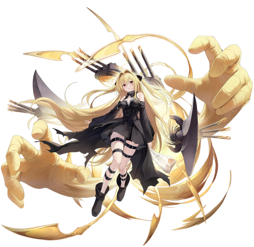 :o absurdres arm_belt artist_request azur_lane bag bare_shoulders belt belt_buckle black_belt black_dress black_footwear black_ribbon black_sleeves blonde_hair blush boots breasts buckle cannon cleavage cleavage_cutout clothing_cutout corset crossed_bangs detached_collar detached_sleeves dress female floating_hair grocery_bag hair_between_eyes hair_intakes hair_ornament highres holding holding_bag konjiki_no_yami leg_belt long_hair long_sleeves looking_at_viewer medium_breasts multiple_belts non-web_source official_art open_mouth paper_bag parted_lips plastic_bag red_eyes ribbon rigging shopping_bag short_dress sidelocks skindentation sleeves_past_fingers sleeves_past_wrists solo stand_(jojo) thigh_belt thigh_strap thighs to_love-ru to_love-ru_darkness turret two_side_up very_long_hair wide_sleeves