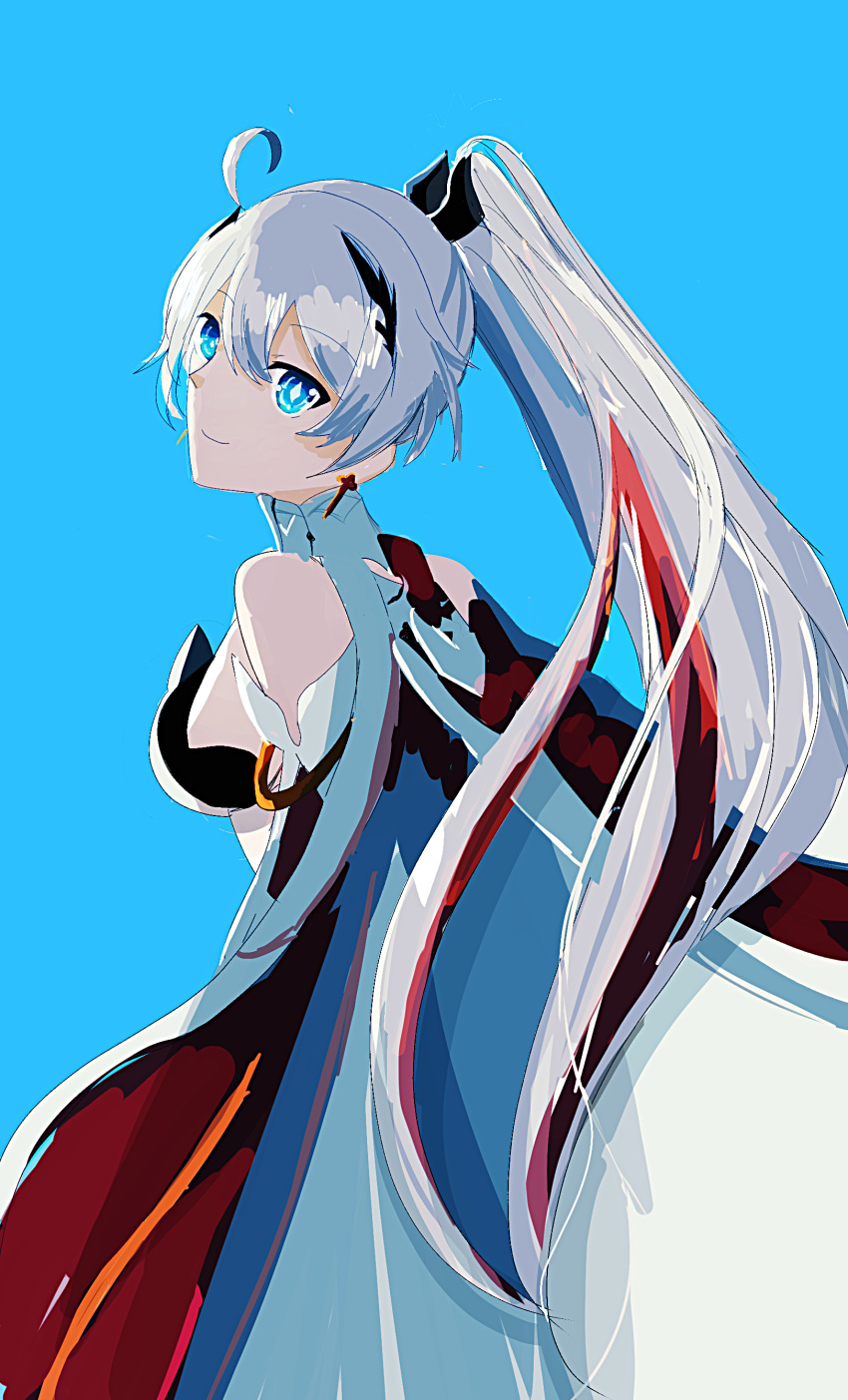 absurdres aoyoru_(bazaaku) bare_shoulders blue_background blue_eyes breasts cape cross cross_earrings earrings female hair_between_eyes hair_ornament highres honkai_(series) honkai_impact_3rd jewelry kiana_kaslana kiana_kaslana_(herrscher_of_flamescion) long_hair looking_at_viewer multicolored_hair ponytail simple_background streaked_hair white_hair