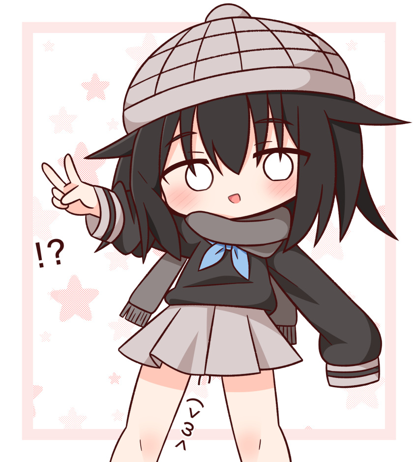 !? :d black_hair black_shirt blue_neckerchief blush border chibi feet_out_of_frame female fringe_trim grey_hat grey_scarf grey_skirt hair_between_eyes hana_kazari hat highres long_hair long_sleeves looking_at_viewer neckerchief o_o original outstretched_arm pink_border pleated_skirt puffy_long_sleeves puffy_sleeves scarf shirt skirt sleeves_past_fingers sleeves_past_wrists smile solo standing star_(symbol) v white_background white_border