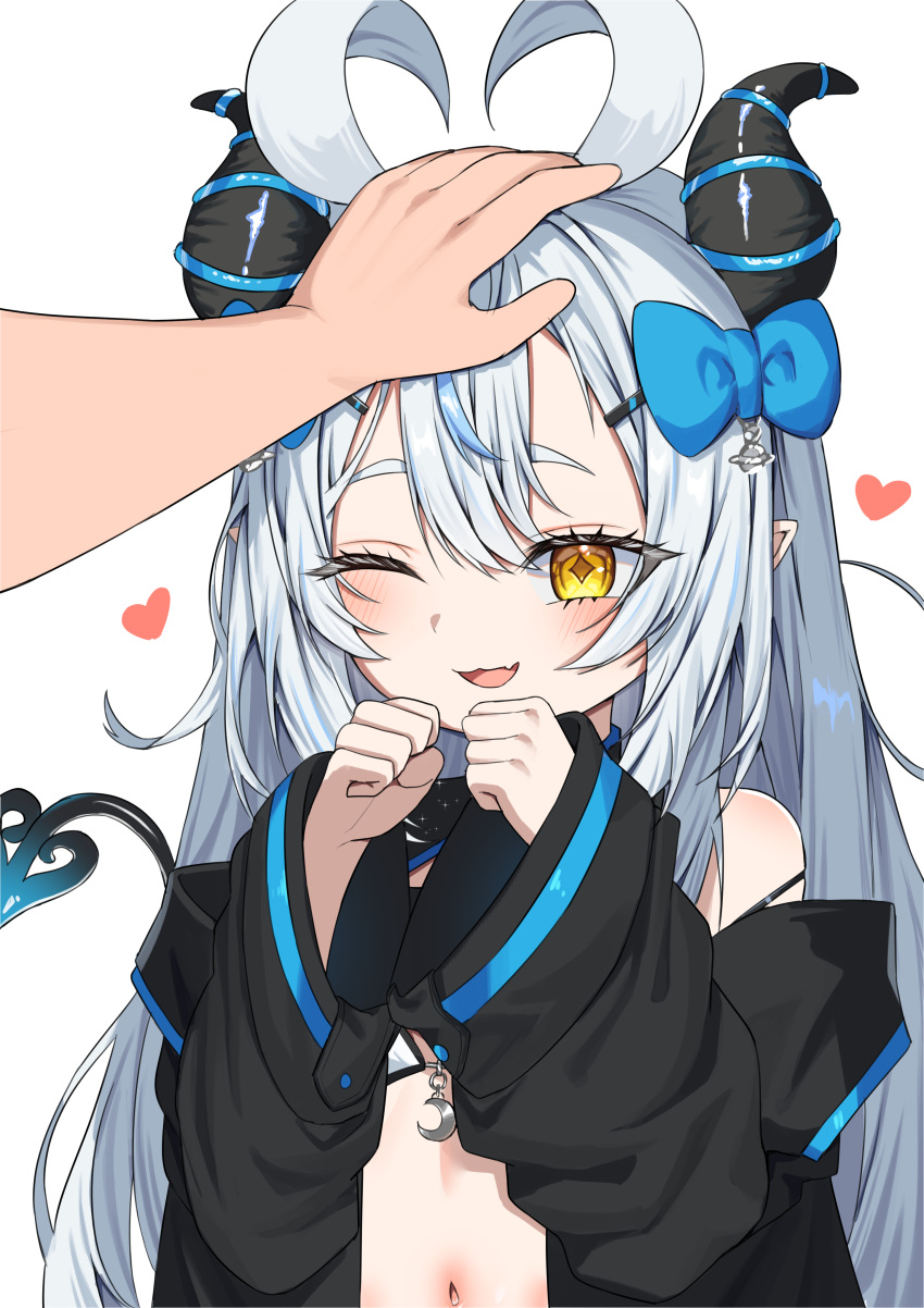 1other :3 ;d absurdres akugaki_koa antenna_hair black_horns black_jacket blue_bow blue_hair blush bow clenched_hands commentary commission curled_horns demon_girl demon_horns demon_tail double-parted_bangs female hair_ornament hairbow hairclip hand_on_another's_head hands_up happy headpat heart heart_antenna_hair highres horns idol_corp jacket jinggun light_blue_hair long_hair long_sleeves looking_ahead multicolored_hair navel oerba_yun_fang off_shoulder one_eye_closed open_clothes open_jacket open_mouth pixiv_commission pointy_ears pov pov_hands simple_background skin_fang smile solo_focus star-shaped_pupils star_(symbol) stomach streaked_hair symbol-shaped_pupils tail thick_eyebrows two-tone_hair upper_body virtual_youtuber white_background white_hair wide_sleeves yellow_eyes