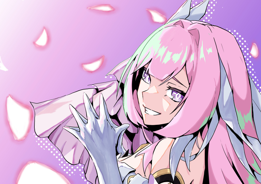 absurdres bare_shoulders commentary_request elysia_(herrscher_of_human:_ego)_(honkai_impact) elysia_(honkai_impact) female giga_(giga_unko03) gloves grin highres honkai_(series) honkai_impact_3rd long_hair looking_at_viewer own_hands_together pink_hair purple_eyes smile solo steepled_fingers very_long_hair white_gloves