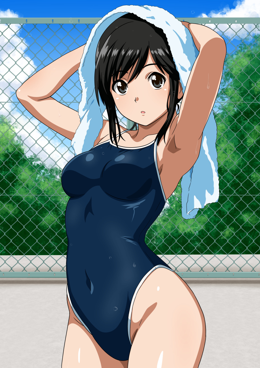 absurdres arms_behind_head black_eyes black_hair blue_one-piece_swimsuit blue_sky breasts bush chain-link_fence cloud commentary_request competition_school_swimsuit covered_navel cowboy_shot day female fence highleg highleg_one-piece_swimsuit highres looking_at_viewer love_plus medium_breasts one-piece_swimsuit outdoors school_swimsuit short_hair sidelocks sky solo swimsuit takane_manaka towel towel_on_head yuuyuu_(3jjbn)