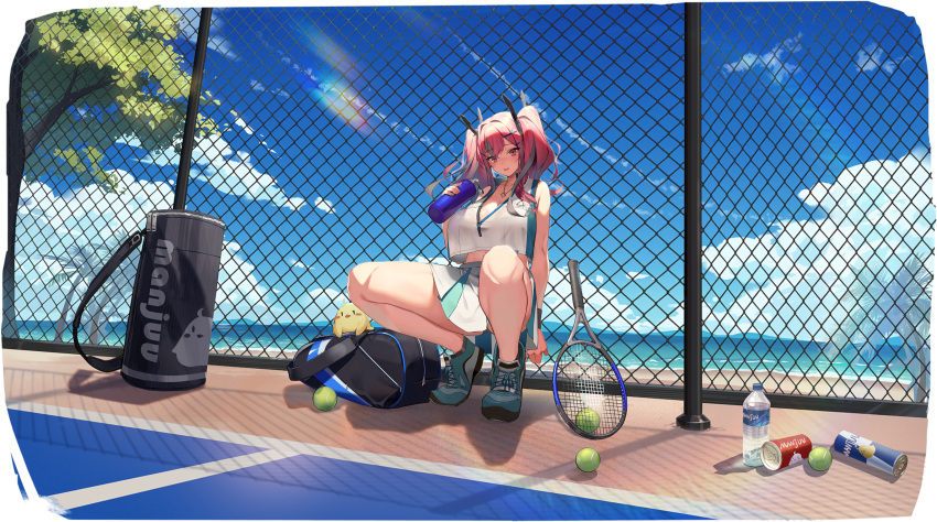 absurdres against_fence azur_lane ball bare_legs beach blue_hair blue_sky blush bottle breasts bremerton_(azur_lane) bremerton_(scorching-hot_training)_(azur_lane) can chain-link_fence cleavage cloud crop_top crop_top_overhang day drink_can female fence hair_between_eyes hair_intakes hair_ornament hairclip headgear highres katsudansou knees large_breasts leaning_back legs legs_folded long_hair manjuu_(azur_lane) midriff mole mole_under_eye mountainous_horizon multicolored_hair non-web_source ocean official_alternate_costume official_art palm_tree pink_eyes pink_hair racket revision shoes sky sneakers soda_can sportswear squatting streaked_hair tennis tennis_ball tennis_court tennis_racket tennis_uniform transparent_background tree twintails water_bottle