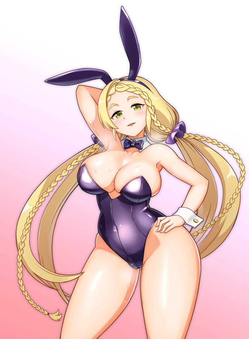 absurdres alterkero animal_ears bare_legs black_bow black_bowtie black_leotard blonde_hair bow bowtie braid breasts cleavage covered_navel detached_collar fake_animal_ears female gradient_background hand_on_own_hip highres large_breasts last_origin leotard low_twintails nymph_(last_origin) pink_background playboy_bunny rabbit_ears rabbit_tail side_braids solo strapless strapless_leotard tail twintails wrist_cuffs yellow_eyes