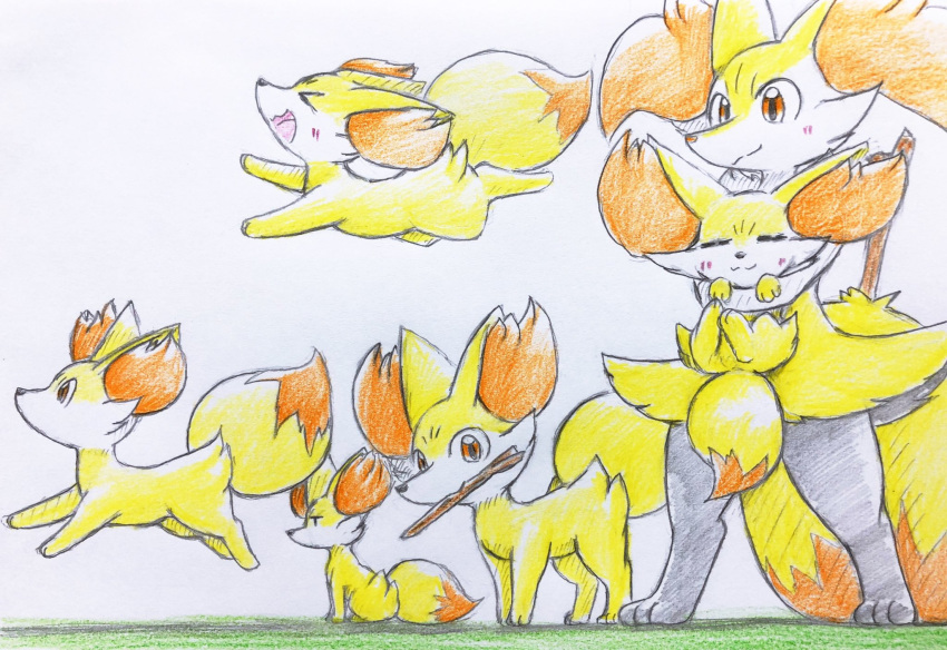 2023 ambiguous_gender anthro blush blush_lines braixen canid canine closed_eyes eiroru fennekin feral fur generation_6_pokemon graphite_(artwork) grey_body grey_fur group happy hi_res holding_another inner_ear_fluff looking_at_viewer mammal nintendo open_mouth orange_body orange_eyes orange_fur paws pokemon pokemon_(species) stick tail tongue traditional_media_(artwork) tuft white_body white_fur yellow_body yellow_fur