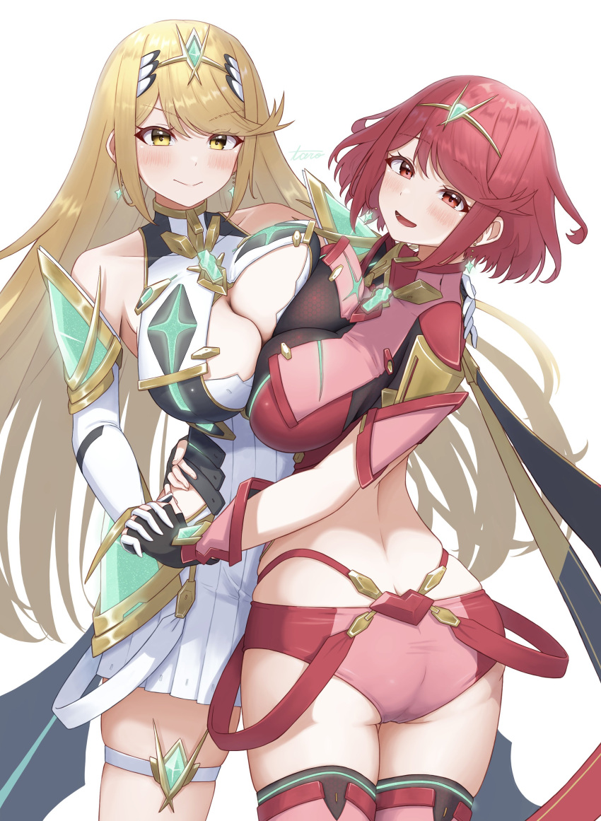 2girls absurdres artist_name ass bare_shoulders breast_press breasts chest_jewel cleavage cleavage_cutout clothing_cutout comiket_105 core_crystal_(xenoblade) cowboy_shot dress earrings from_behind highres holding_hands jewelry large_breasts long_hair looking_at_viewer multiple_girls mythra_(xenoblade) pyra_(xenoblade) red_eyes red_shorts short_hair short_shorts shorts signature simple_background symmetrical_docking taro_(peach_taro51) tiara white_background white_dress xenoblade_chronicles_(series) xenoblade_chronicles_2 yellow_eyes