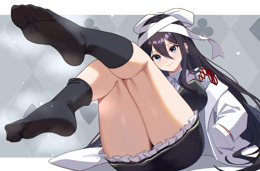 absurdres bandaged_head bandages black_hair black_skirt black_socks blue_eyes blush breasts closed_mouth club_(shape) coat commentary_request commission feet female foot_focus foreshortening frilled_skirt frills gher5555 hair_between_eyes hand_in_pocket highres ice_cream_mad_lab lab_coat large_breasts legs letterboxed long_hair long_sleeves looking_at_viewer no_shoes open_clothes open_coat outside_border pixiv_commission reclining seika_michi skirt smile socks soles solo spade_(shape) thighs toes very_long_hair virtual_youtuber white_coat