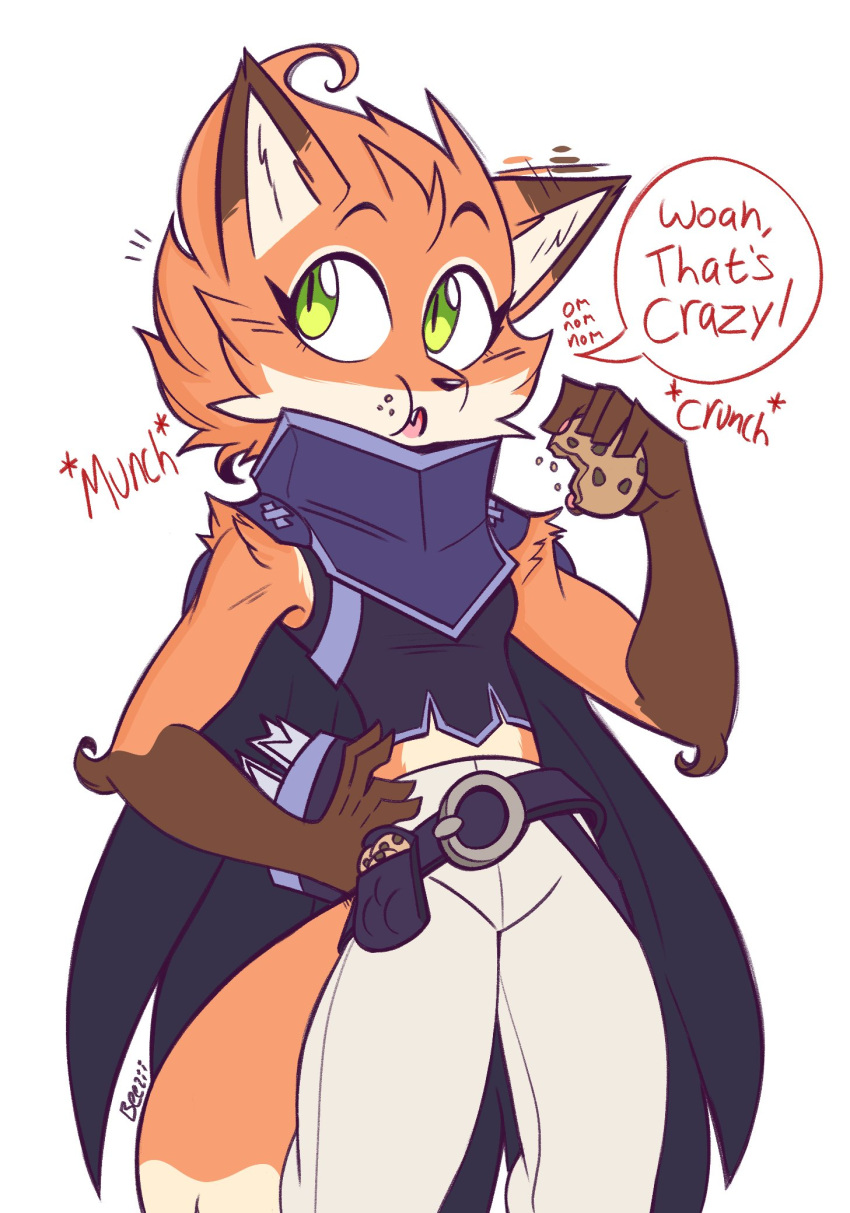 anthro beezii belt bottomwear canid canine cloak clothing cookie dungeons_of_aether eating female fleet_(dungeons_of_aether) food fox hi_res mammal midriff orange_body pants rivals_of_aether signature simple_background solo tail text white_background yellow_eyes