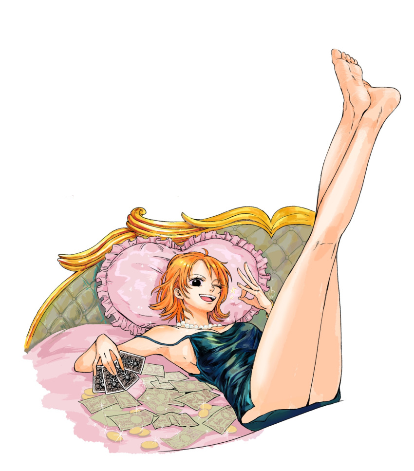 ;d armpits ass banknote bare_arms bare_legs bare_shoulders barefoot bed black_eyes breasts camisole card cleavage coin collarbone crossed_legs feet_up female frilled_pillow frills full_body gold_coin green_camisole hand_up headboard heart heart-shaped_pillow highres holding holding_card jewelry kneepits large_breasts long_legs lying money nami_(one_piece) necklace no_bra ok_sign on_bed one_eye_closed one_piece open_mouth orange_hair parted_bangs pearl_necklace pillow short_hair side_slit sideboob simple_background sktkah_7326 sleeveless smile soles solo spaghetti_strap strap_slip teeth upper_teeth_only white_background