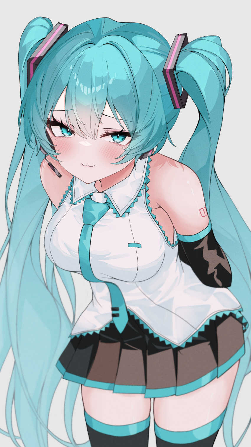 :3 absurdres aqua_eyes aqua_hair aqua_necktie arms_behind_back blush breasts eikawa_suru female hatsune_miku headset highres looking_at_viewer medium_breasts necktie simple_background skirt solo thighhighs twintails vocaloid white_background zettai_ryouiki