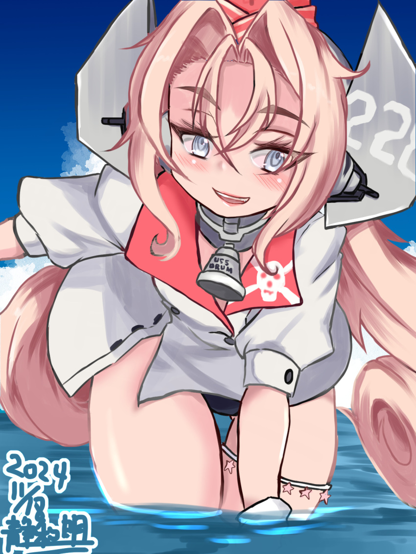 artist_name bell black_one-piece_swimsuit blue_sky cloud coat collar dated drum_(kancolle) female garrison_cap gloves grey_eyes hair_rings hat headgear highres kantai_collection long_hair metal_collar neck_bell one-hour_drawing_challenge one-piece_swimsuit pink_hair red_hat shizuwa_akira skull_print sky smile solo swimsuit swimsuit_under_clothes thigh_gap very_long_hair wading white_coat white_gloves