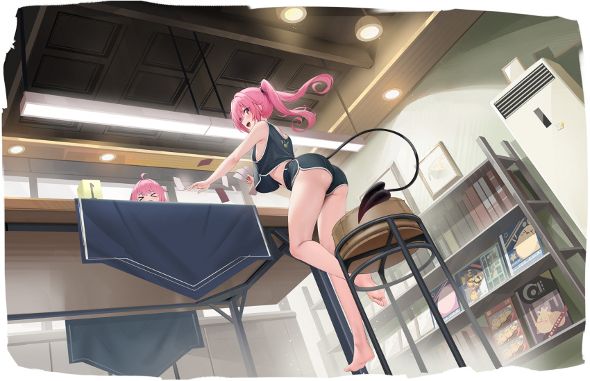 >_< 2girls absurdres ahoge artist_request ass azur_lane bare_shoulders black_shirt black_shorts card ceiling chair counter crop_top crop_top_overhang demon_girl demon_tail dolphin_shorts fangs highres holding holding_card indoors lala_satalin_deviluke long_hair looking_at_viewer looking_back low-cut_armhole multiple_girls nana_asta_deviluke nana_asta_deviluke_(high_roller) non-web_source official_alternate_costume official_art open_mouth pink_hair print_shirt purple_eyes shirt short_shorts shorts sleeveless sleeveless_shirt smile stool table tail thighs to_love-ru to_love-ru_darkness twintails underbutt