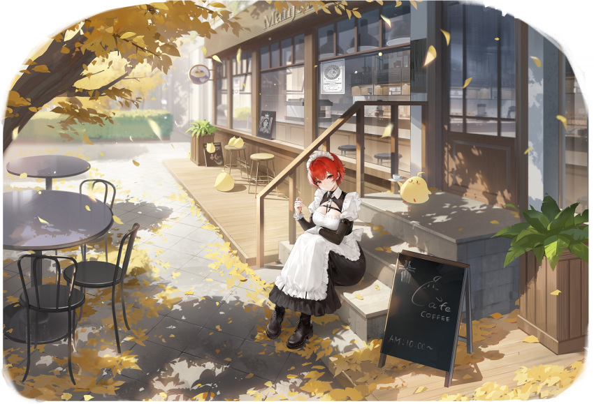 absurdres alternate_costume animal apron artist_request autumn autumn_leaves azur_lane bar_stool bird black_dress black_footwear boots bottle breasts building cafe chair cleavage cleavage_cutout clothing_cutout coffee collared_dress counter cross-laced_footwear cup dappled_sunlight day door dress enmaided falling_leaves female frilled_apron frilled_dress frilled_hairband frills full_body hair_between_eyes hairband highres holding holding_cup juliet_sleeves lace-up_boots large_breasts leaf long_dress long_sleeves maid maid_apron maid_headdress manjuu_(azur_lane) menu menu_board non-web_source official_alternate_costume official_art outdoors pavement petals plant puffy_sleeves red_eyes red_hair road shadow shoes short_hair sign sitting sitting_on_stairs solo stairs stool street sunlight table teacup tile_floor tiles tree waist_apron weser_(azur_lane) white_apron window