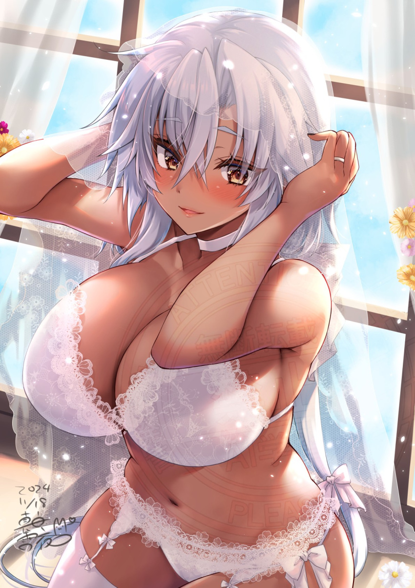 bra breasts bridal_veil brown_eyes choker cleavage collarbone commentary_request curtains dark-skinned_female dark_skin dated female garter_belt hair_between_eyes highres jewelry kantai_collection large_breasts lingerie long_hair looking_at_viewer mashiro_yukiya musashi_(kancolle) musashi_kai_ni_(kancolle) open_mouth panties pov ring sitting smile solo_focus thighhighs underwear underwear_only veil wedding_ring white_bra white_choker white_hair white_panties white_thighhighs window