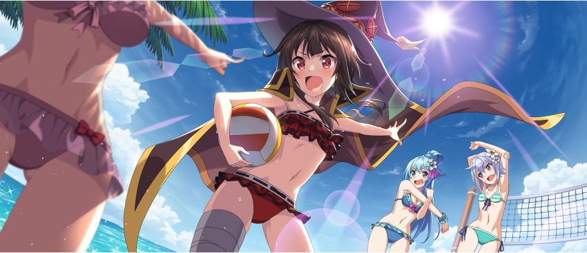 4girls aqua_(konosuba) ball bandaged_leg bandages beach beach_volleyball bikini bikini_skirt black_cloak black_hat blue_bikini blue_eyes blue_hair blue_scrunchie blue_sky blush bow bow_bikini breasts brown_hair chris_(konosuba) cloak cloud cloudy_sky contrapposto day frilled_bikini frills from_above front-tie_bikini_top front-tie_top game_cg green_bikini grey_hair groin hair_ornament hat highres holding holding_ball kono_subarashii_sekai_ni_shukufuku_wo! konosuba_fantastic_days large_breasts light_blue_hair long_hair megumin multiple_girls navel ocean official_alternate_costume official_art open_mouth palm_tree pink_bikini pink_bow purple_eyes red_bikini red_bow red_eyes scrunchie short_hair short_hair_with_long_locks side-tie_bikini_bottom sidelocks sky small_breasts smile stomach stretching striped_bikini striped_clothes sun sunlight swimsuit thighs tree volleyball_(object) volleyball_net witch_hat wrist_scrunchie yunyun_(konosuba)