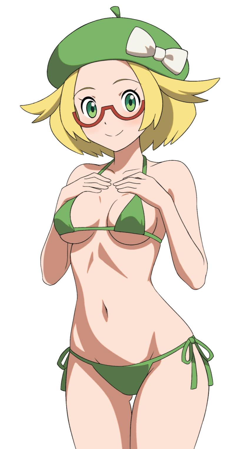 absurdres beret bianca_(pokemon) bikini blonde_hair bow breasts closed_mouth collarbone commentary cowboy_shot eyelashes female glasses green_bikini green_eyes green_hat hands_up hat hat_bow highres mnkr98 navel pokemon pokemon_bw2 red-framed_eyewear semi-rimless_eyewear short_hair side-tie_bikini_bottom simple_background smile solo split_mouth swimsuit white_background white_bow