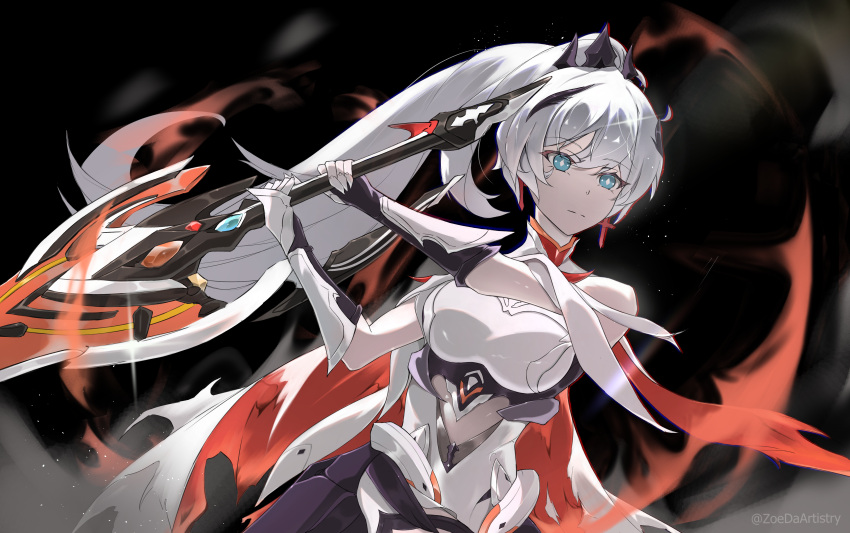 absurdres artist_name bare_shoulders blue_eyes cape cross cross_earrings earrings female hair_ornament highres holding holding_sword holding_weapon honkai_(series) honkai_impact_3rd jewelry kiana_kaslana kiana_kaslana_(herrscher_of_flamescion) long_hair ponytail sword weapon white_hair zoedaartistry